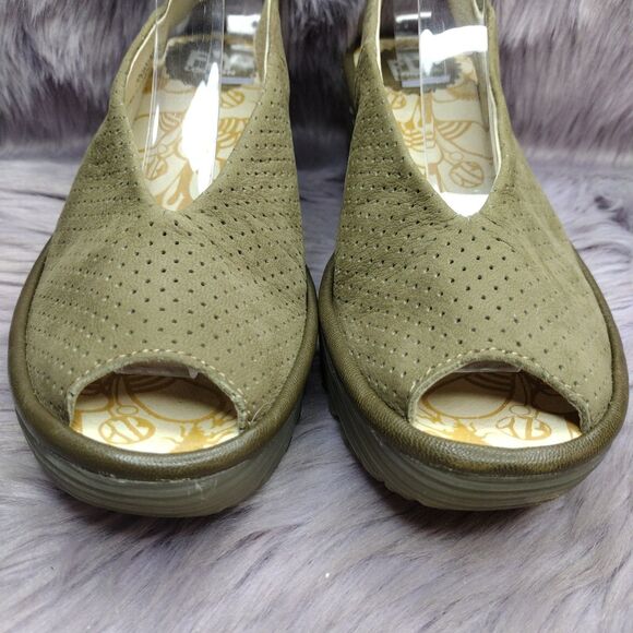 Fly London Leather Yala Wedge Peep Toe Perforated Sandals EU 37 US 6/6.5 Green - Picture 4 of 10